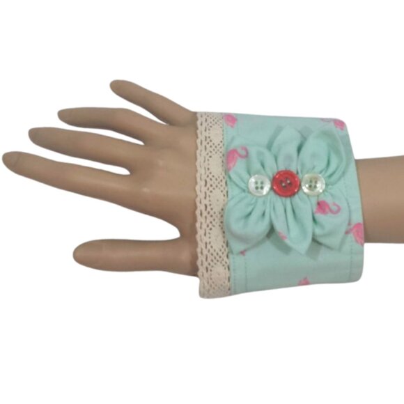 Handcrafted Re-Purposed Mint Green & Pink Flamingo Boho Shirt Cuff Bracelet - Picture 3 of 5